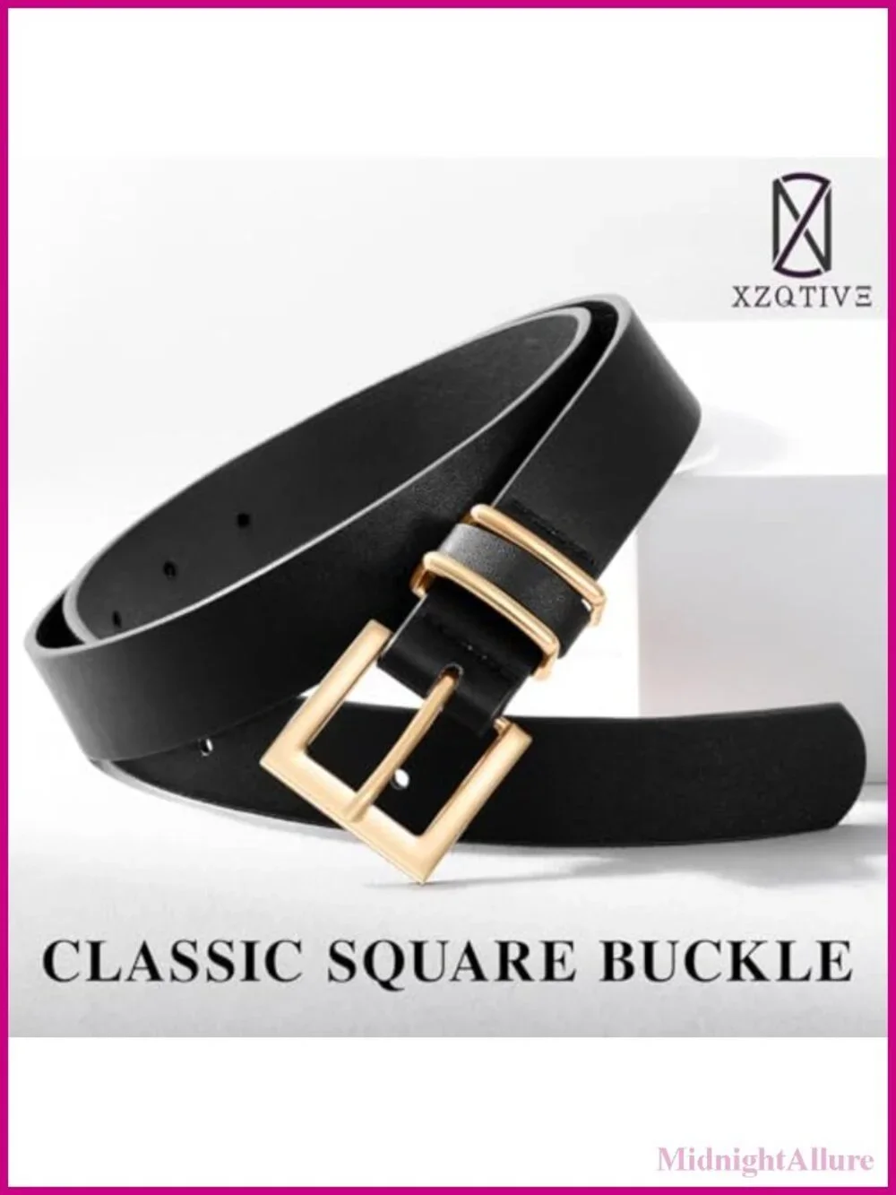 Women Vegan Leather Belt Square Gold Buckle Adjustable Fit Jeans Pants Dresses